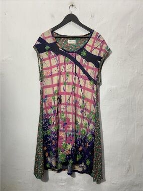 Tsumori Chisato Colorful Floral Plaid Mixed-Print Tunic Dress - Pink & Navy.